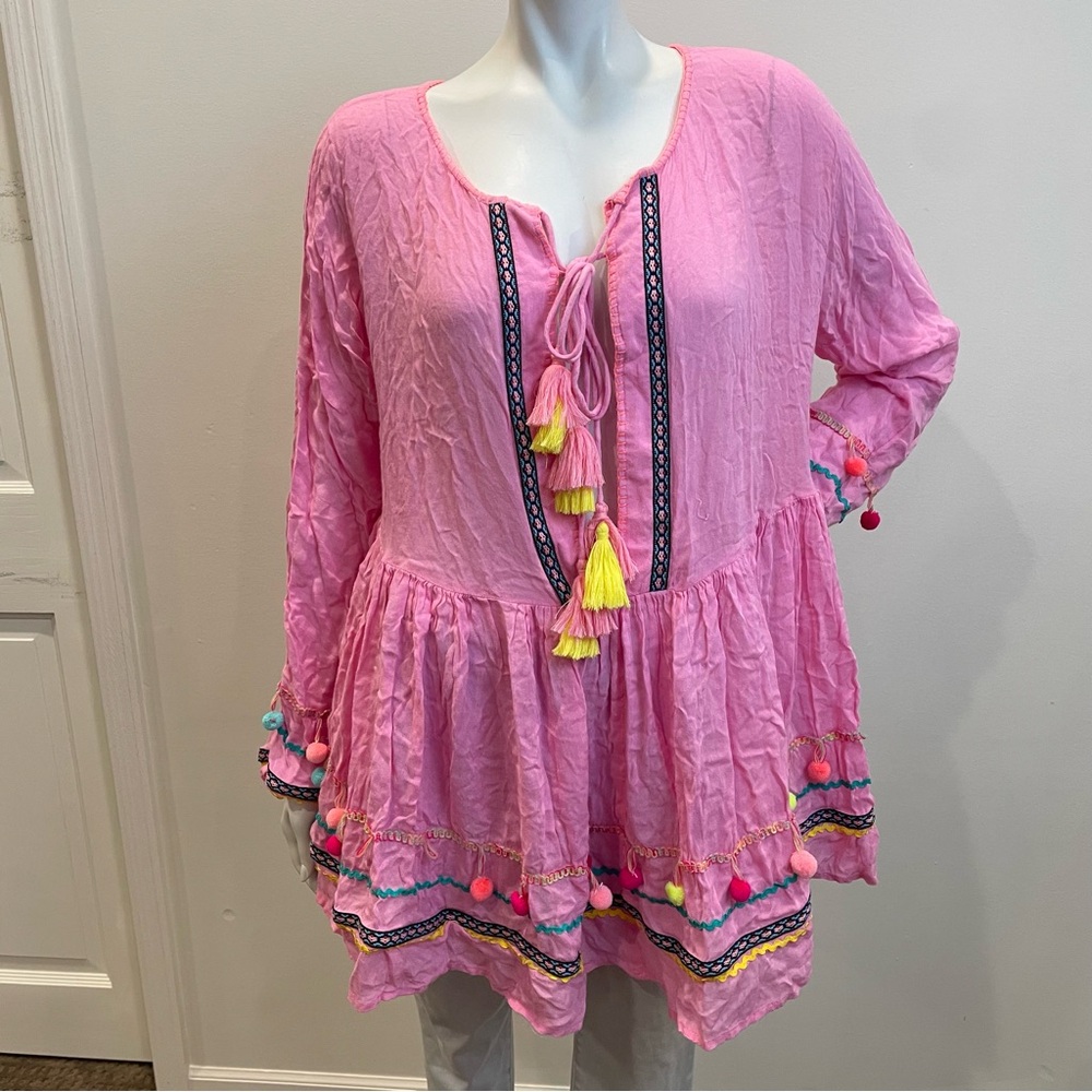 RIVER ISLAND Pink Oversized Flowy Embroidered Tassel Top Coverup